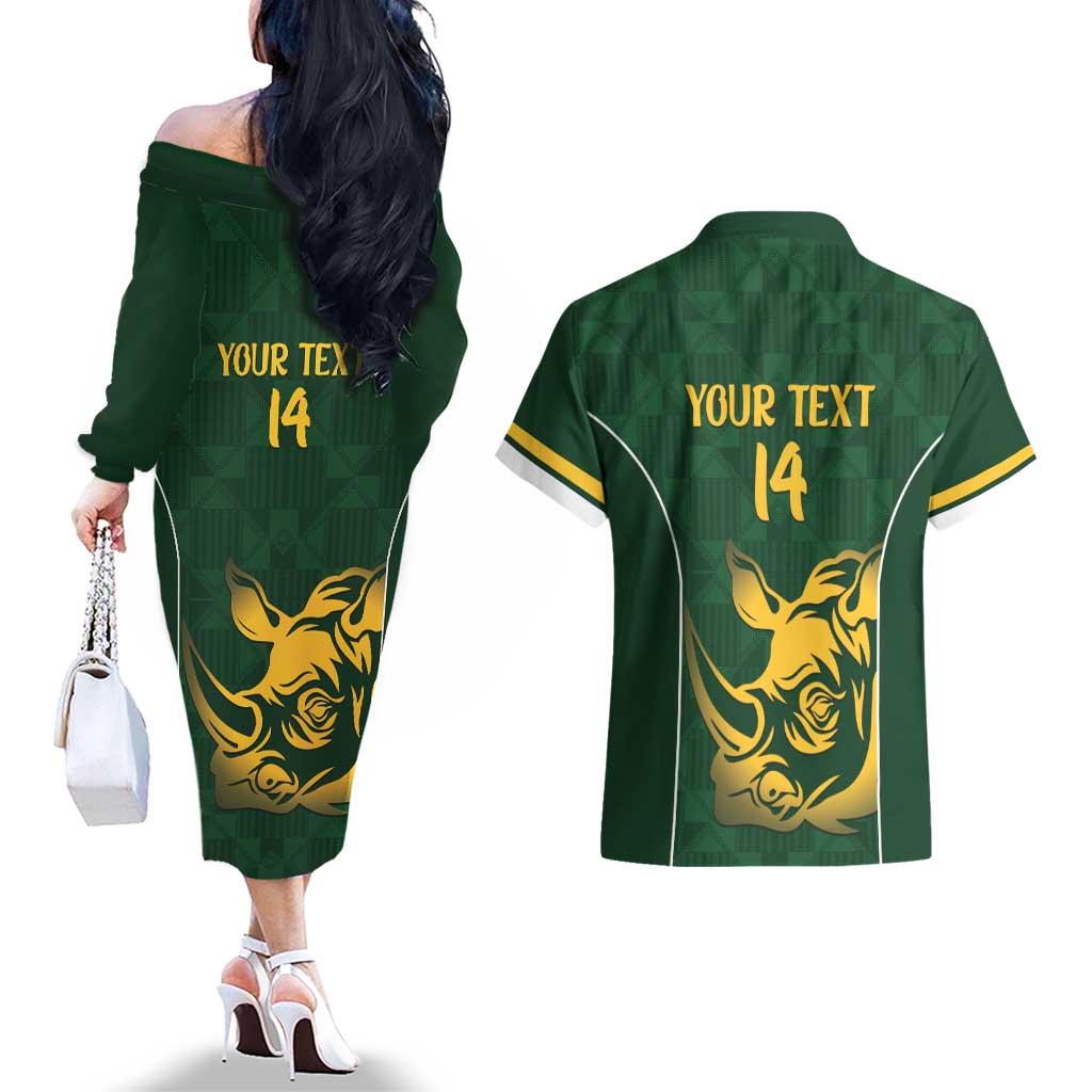 South Africa Rugby Custom Couples Matching Off The Shoulder Long Sleeve Dress and Hawaiian Shirt Springboks Kente Rhino Symbol - Wonder Print Shop