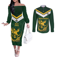 South Africa Rugby Custom Couples Matching Off The Shoulder Long Sleeve Dress and Long Sleeve Button Shirt Springboks Kente Rhino Symbol - Wonder Print Shop