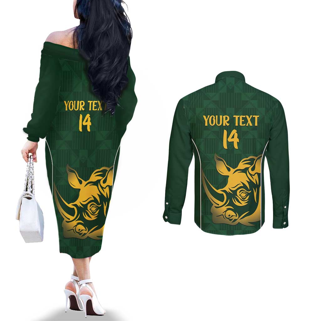 South Africa Rugby Custom Couples Matching Off The Shoulder Long Sleeve Dress and Long Sleeve Button Shirt Springboks Kente Rhino Symbol - Wonder Print Shop
