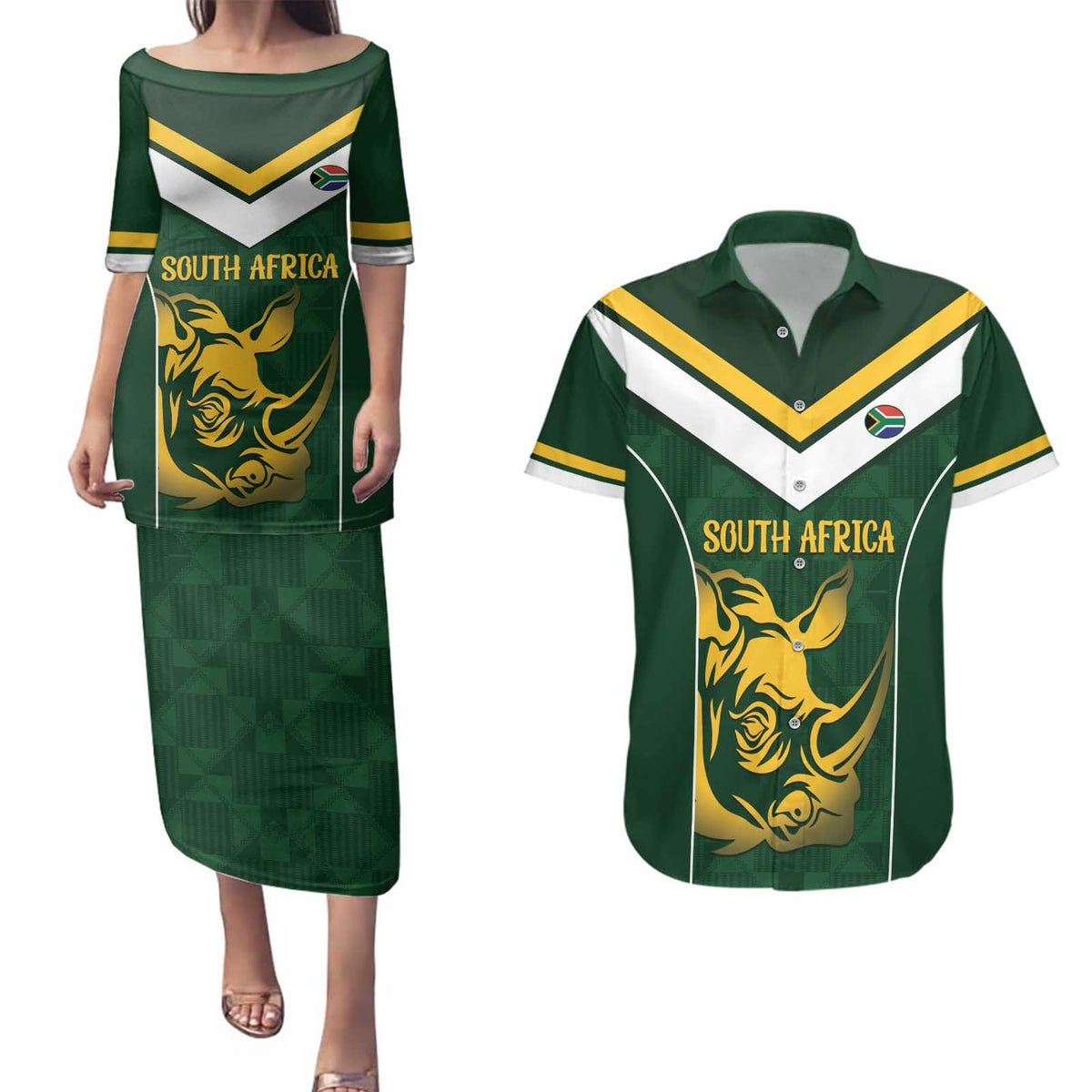 South Africa Rugby Custom Couples Matching Puletasi and Hawaiian Shirt Springboks Kente Rhino Symbol - Wonder Print Shop