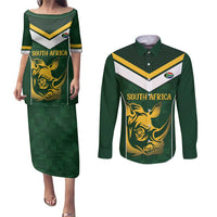 South Africa Rugby Custom Couples Matching Puletasi and Long Sleeve Button Shirt Springboks Kente Rhino Symbol - Wonder Print Shop