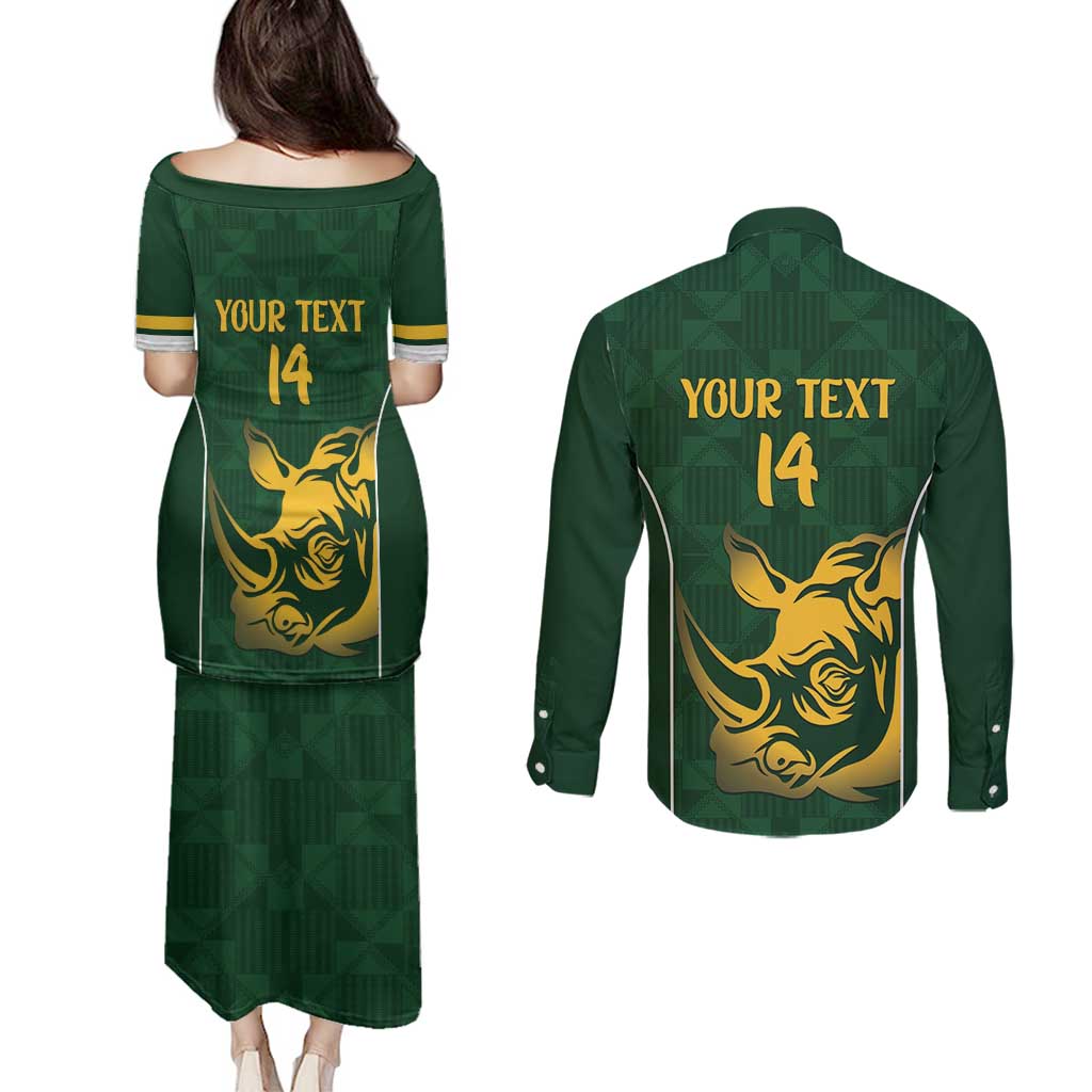 South Africa Rugby Custom Couples Matching Puletasi and Long Sleeve Button Shirt Springboks Kente Rhino Symbol - Wonder Print Shop