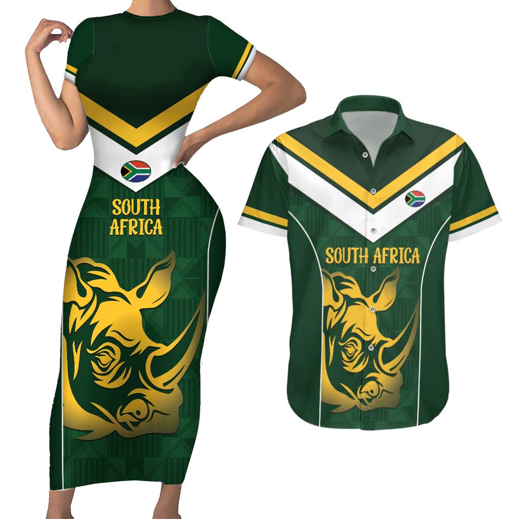 South Africa Rugby Custom Couples Matching Short Sleeve Bodycon Dress and Hawaiian Shirt Springboks Kente Rhino Symbol - Wonder Print Shop