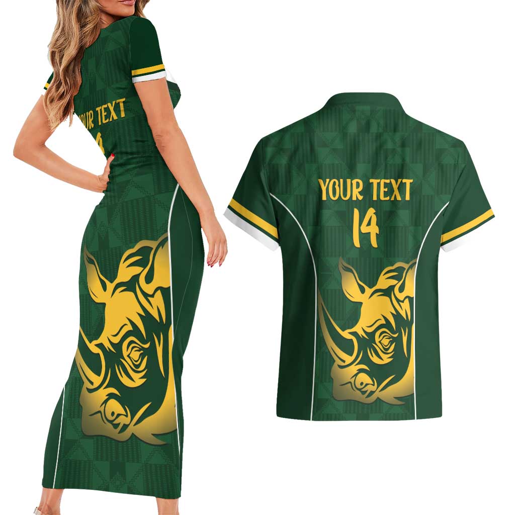 South Africa Rugby Custom Couples Matching Short Sleeve Bodycon Dress and Hawaiian Shirt Springboks Kente Rhino Symbol - Wonder Print Shop