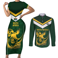 South Africa Rugby Custom Couples Matching Short Sleeve Bodycon Dress and Long Sleeve Button Shirt Springboks Kente Rhino Symbol - Wonder Print Shop