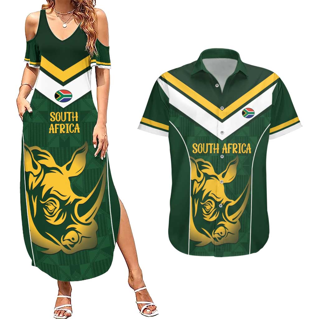 South Africa Rugby Custom Couples Matching Summer Maxi Dress and Hawaiian Shirt Springboks Kente Rhino Symbol - Wonder Print Shop