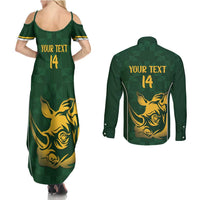South Africa Rugby Custom Couples Matching Summer Maxi Dress and Long Sleeve Button Shirt Springboks Kente Rhino Symbol - Wonder Print Shop