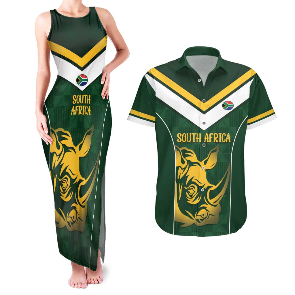 South Africa Rugby Custom Couples Matching Tank Maxi Dress and Hawaiian Shirt Springboks Kente Rhino Symbol - Wonder Print Shop
