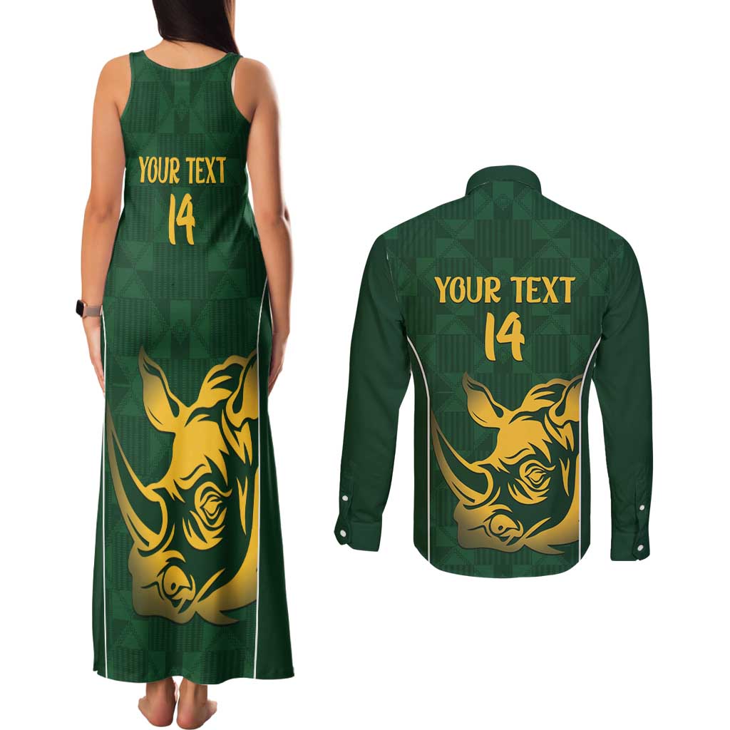 South Africa Rugby Custom Couples Matching Tank Maxi Dress and Long Sleeve Button Shirt Springboks Kente Rhino Symbol - Wonder Print Shop