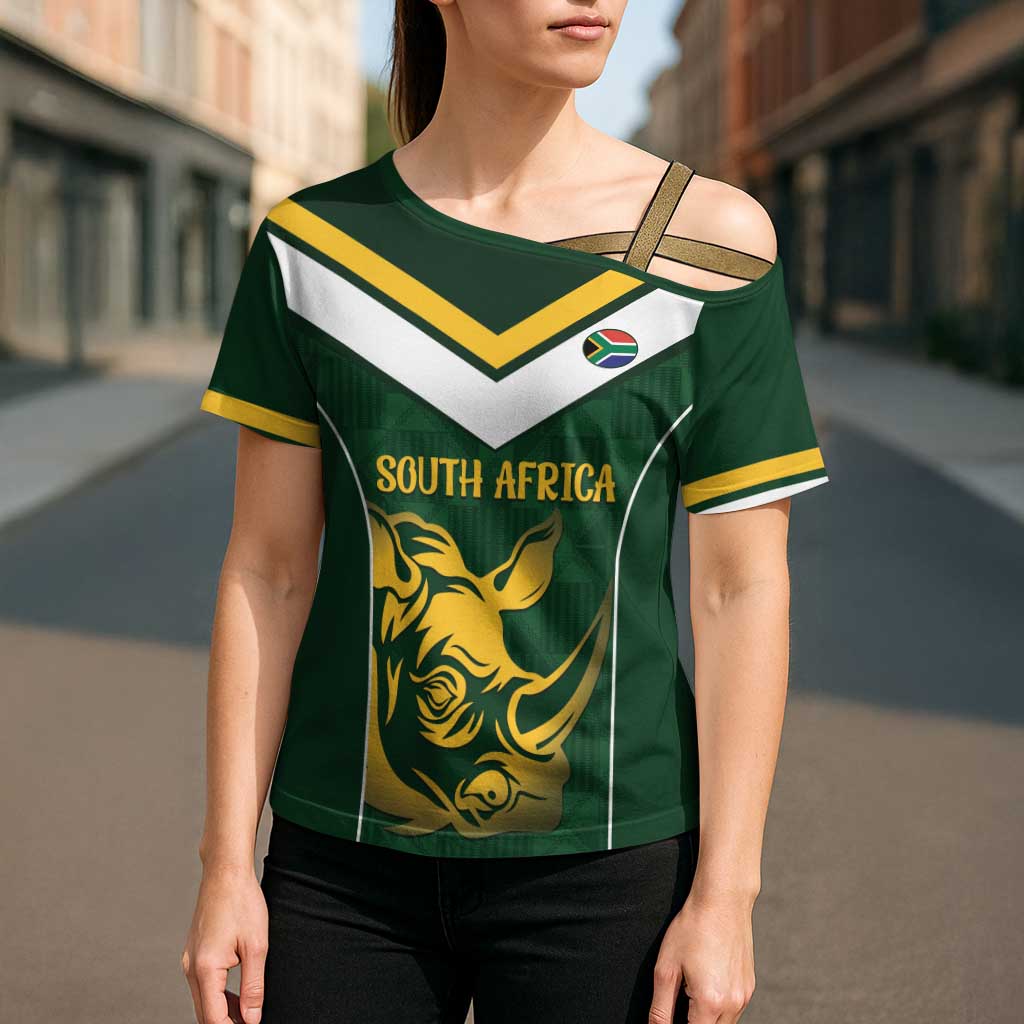 South Africa Rugby Custom Cross Shoulder Shirt Springboks Kente Rhino Symbol - Wonder Print Shop