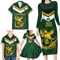 South Africa Rugby Custom Family Matching Long Sleeve Bodycon Dress and Hawaiian Shirt Springboks Kente Rhino Symbol - Wonder Print Shop