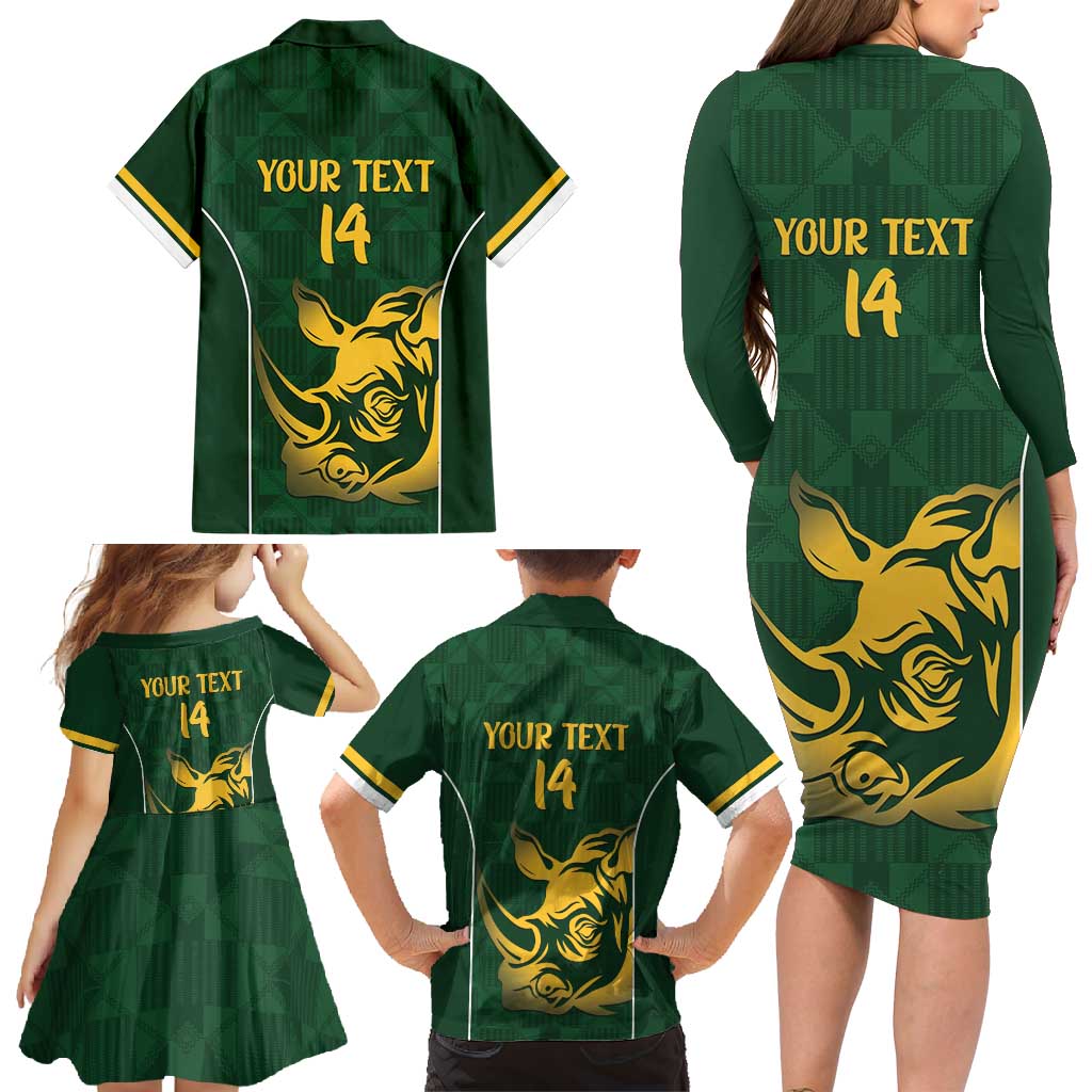 South Africa Rugby Custom Family Matching Long Sleeve Bodycon Dress and Hawaiian Shirt Springboks Kente Rhino Symbol - Wonder Print Shop