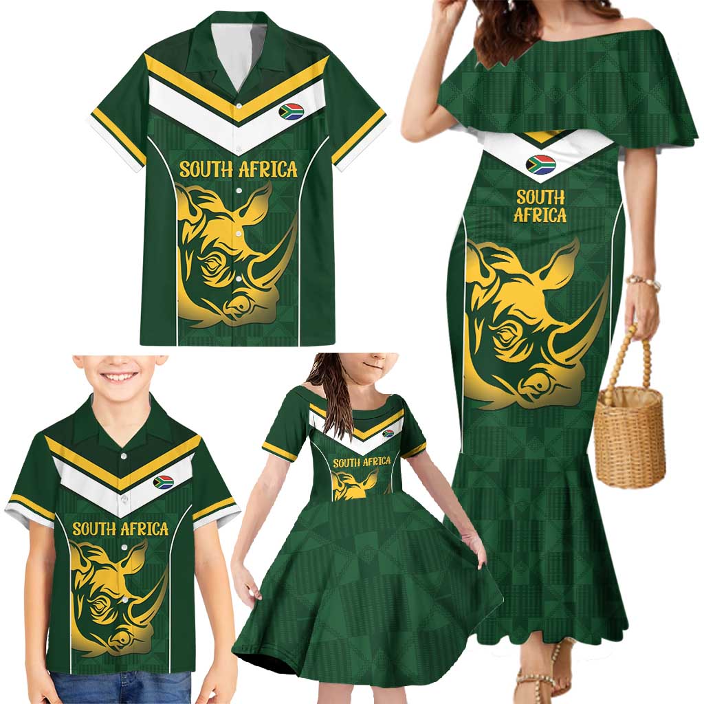 South Africa Rugby Custom Family Matching Mermaid Dress and Hawaiian Shirt Springboks Kente Rhino Symbol - Wonder Print Shop