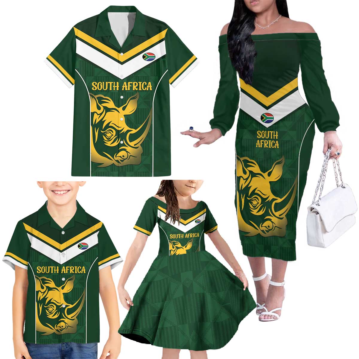 South Africa Rugby Custom Family Matching Off The Shoulder Long Sleeve Dress and Hawaiian Shirt Springboks Kente Rhino Symbol - Wonder Print Shop