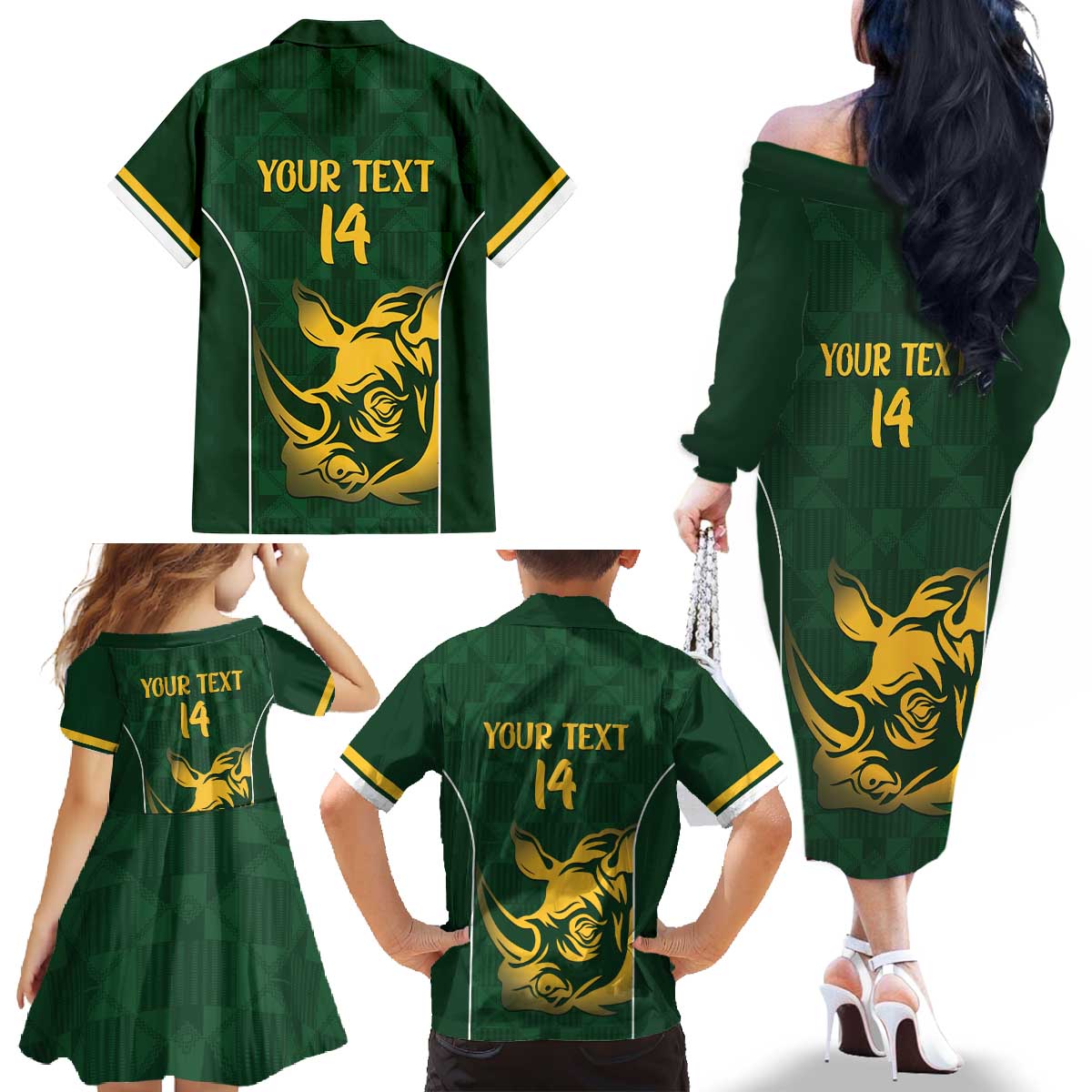 South Africa Rugby Custom Family Matching Off The Shoulder Long Sleeve Dress and Hawaiian Shirt Springboks Kente Rhino Symbol - Wonder Print Shop