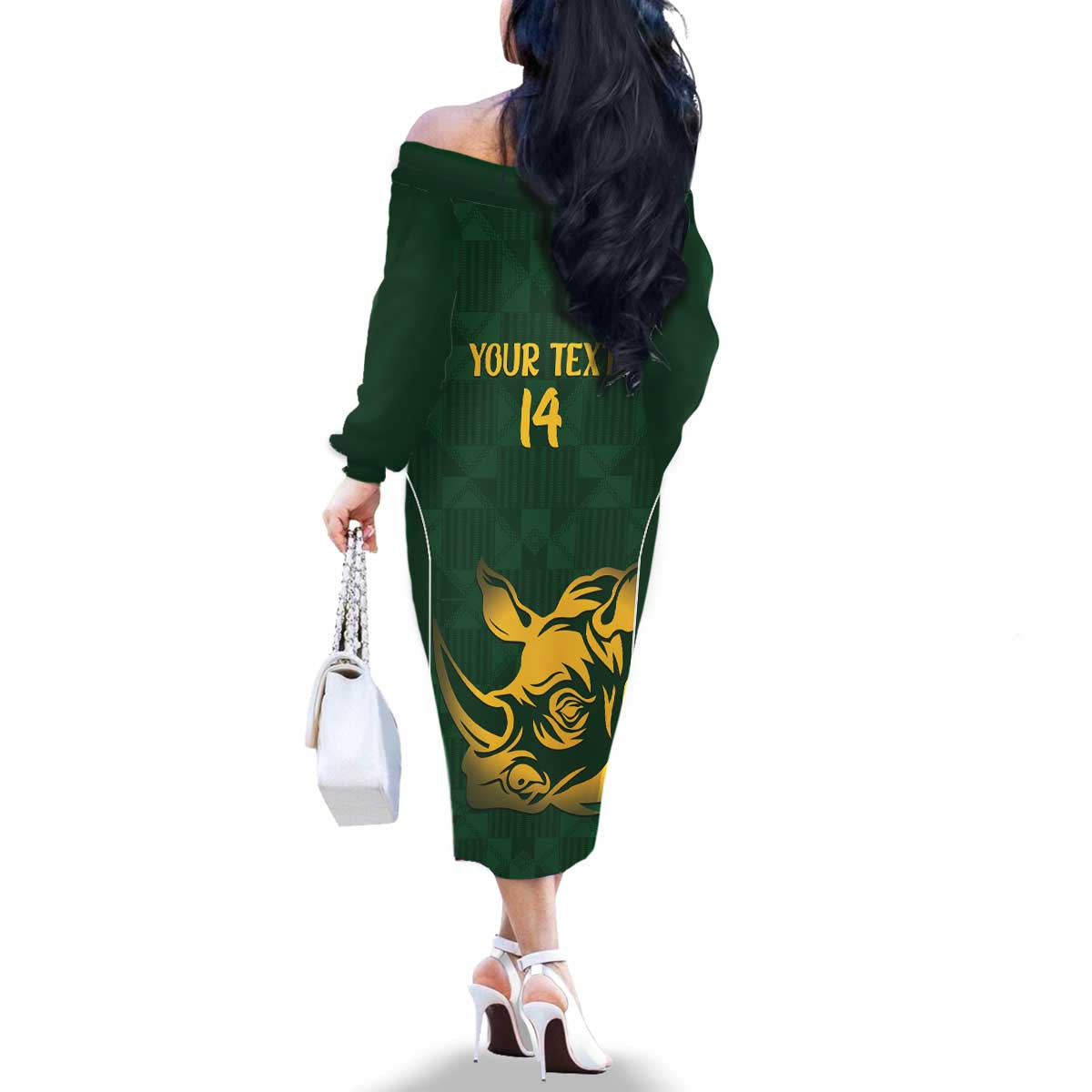 South Africa Rugby Custom Family Matching Off The Shoulder Long Sleeve Dress and Hawaiian Shirt Springboks Kente Rhino Symbol - Wonder Print Shop