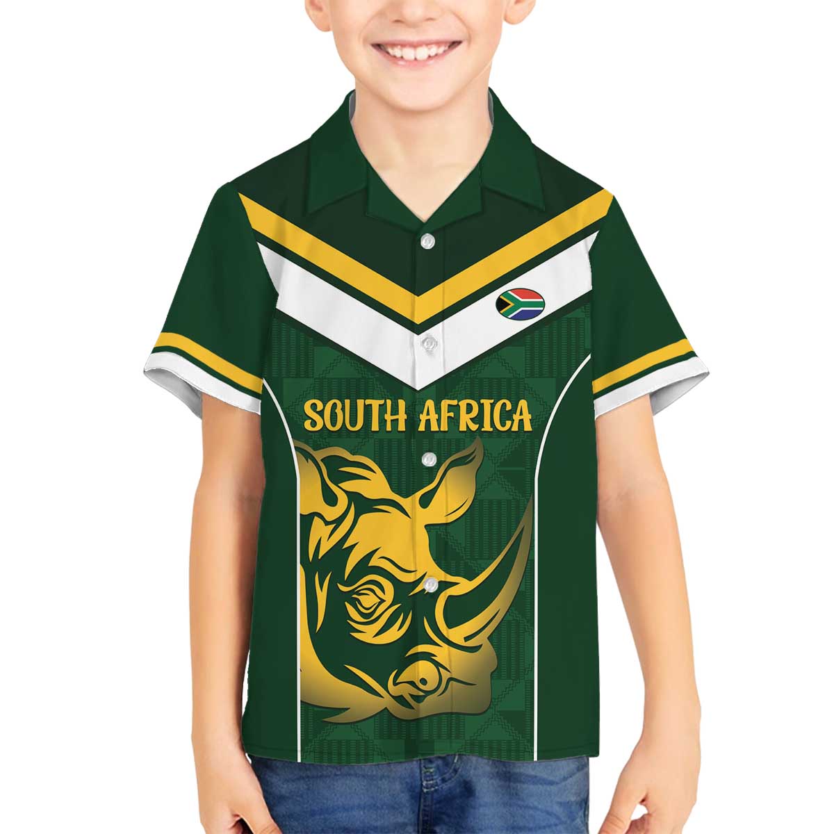South Africa Rugby Custom Family Matching Off The Shoulder Long Sleeve Dress and Hawaiian Shirt Springboks Kente Rhino Symbol - Wonder Print Shop