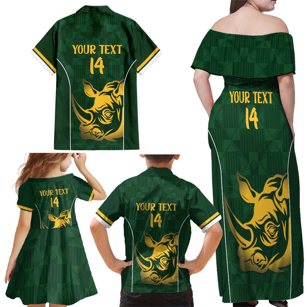 South Africa Rugby Custom Family Matching Off Shoulder Maxi Dress and Hawaiian Shirt Springboks Kente Rhino Symbol - Wonder Print Shop