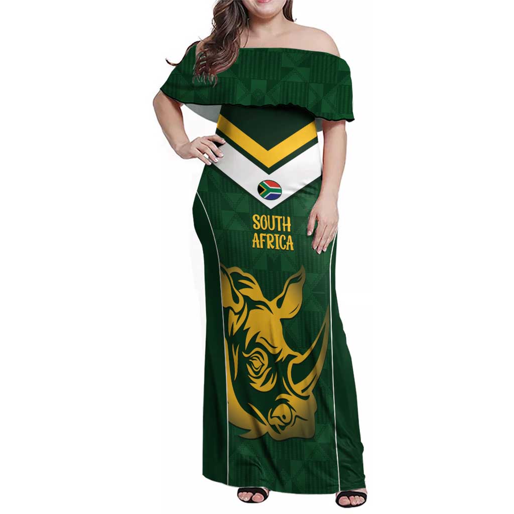 South Africa Rugby Custom Family Matching Off Shoulder Maxi Dress and Hawaiian Shirt Springboks Kente Rhino Symbol - Wonder Print Shop