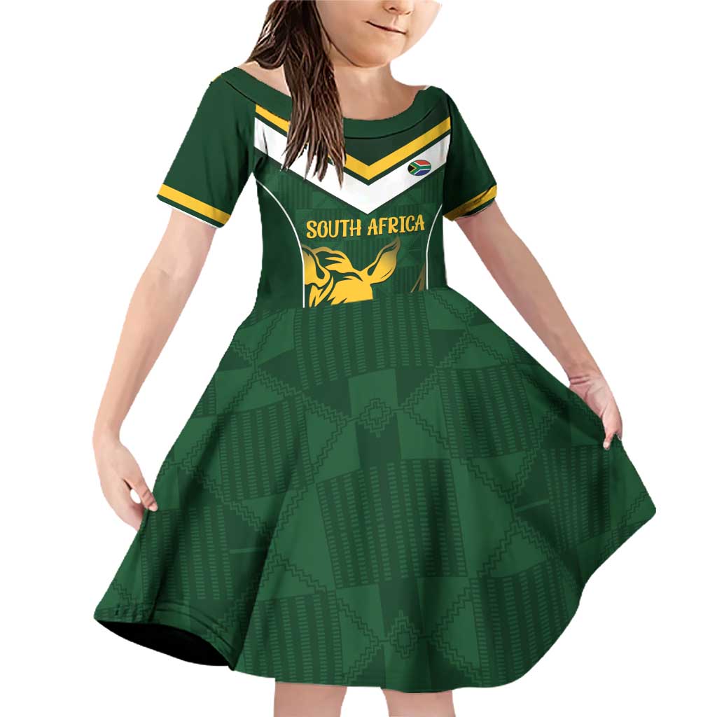 South Africa Rugby Custom Family Matching Off Shoulder Short Dress and Hawaiian Shirt Springboks Kente Rhino Symbol - Wonder Print Shop