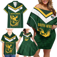 South Africa Rugby Custom Family Matching Off Shoulder Short Dress and Hawaiian Shirt Springboks Kente Rhino Symbol - Wonder Print Shop