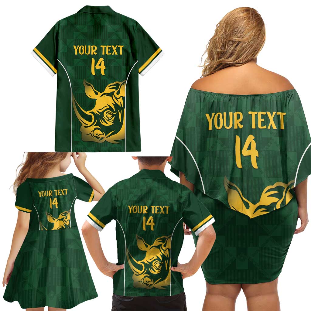 South Africa Rugby Custom Family Matching Off Shoulder Short Dress and Hawaiian Shirt Springboks Kente Rhino Symbol - Wonder Print Shop