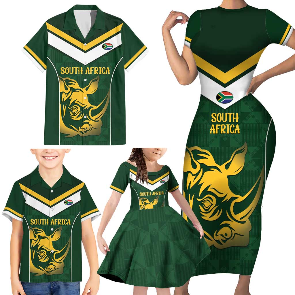 South Africa Rugby Custom Family Matching Short Sleeve Bodycon Dress and Hawaiian Shirt Springboks Kente Rhino Symbol - Wonder Print Shop