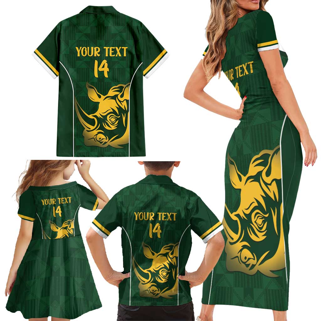 South Africa Rugby Custom Family Matching Short Sleeve Bodycon Dress and Hawaiian Shirt Springboks Kente Rhino Symbol - Wonder Print Shop