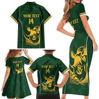South Africa Rugby Custom Family Matching Short Sleeve Bodycon Dress and Hawaiian Shirt Springboks Kente Rhino Symbol - Wonder Print Shop