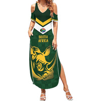 South Africa Rugby Custom Family Matching Summer Maxi Dress and Hawaiian Shirt Springboks Kente Rhino Symbol - Wonder Print Shop