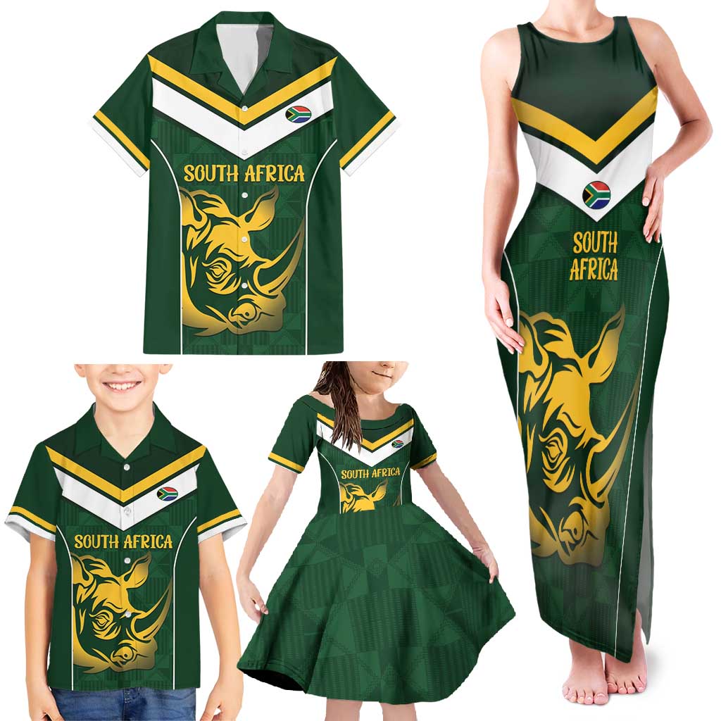 South Africa Rugby Custom Family Matching Tank Maxi Dress and Hawaiian Shirt Springboks Kente Rhino Symbol - Wonder Print Shop