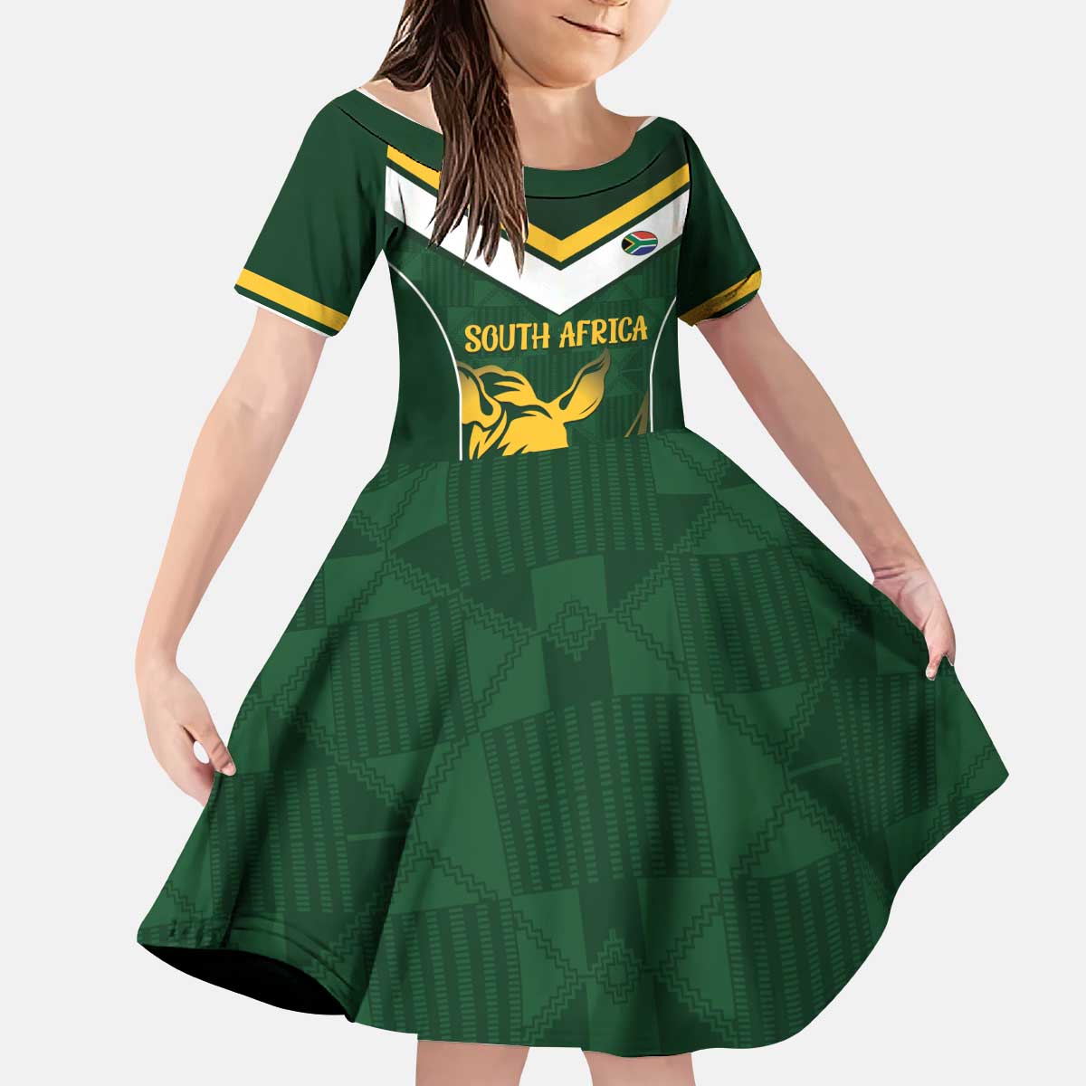 South Africa Rugby Custom Kid Short Sleeve Dress Springboks Kente Rhino Symbol - Wonder Print Shop