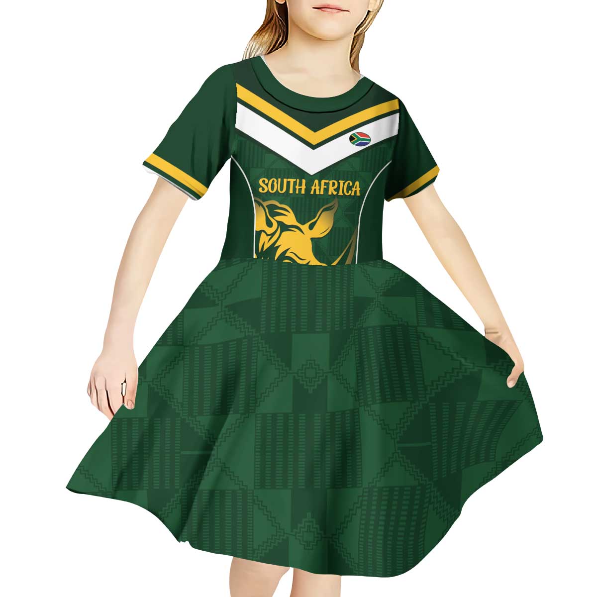 South Africa Rugby Custom Kid Short Sleeve Dress Springboks Kente Rhino Symbol - Wonder Print Shop