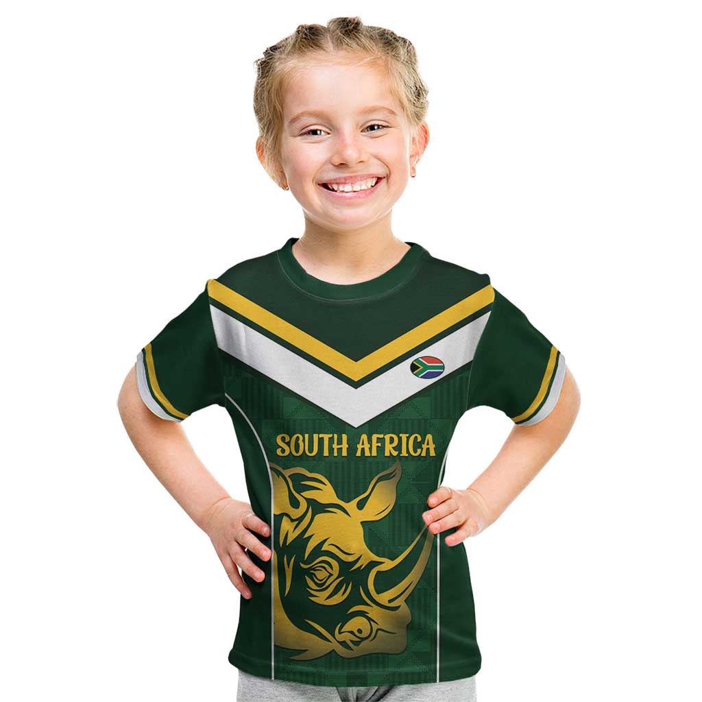 South Africa Rugby Custom Kid T Shirt Springboks Kente Rhino Symbol - Wonder Print Shop