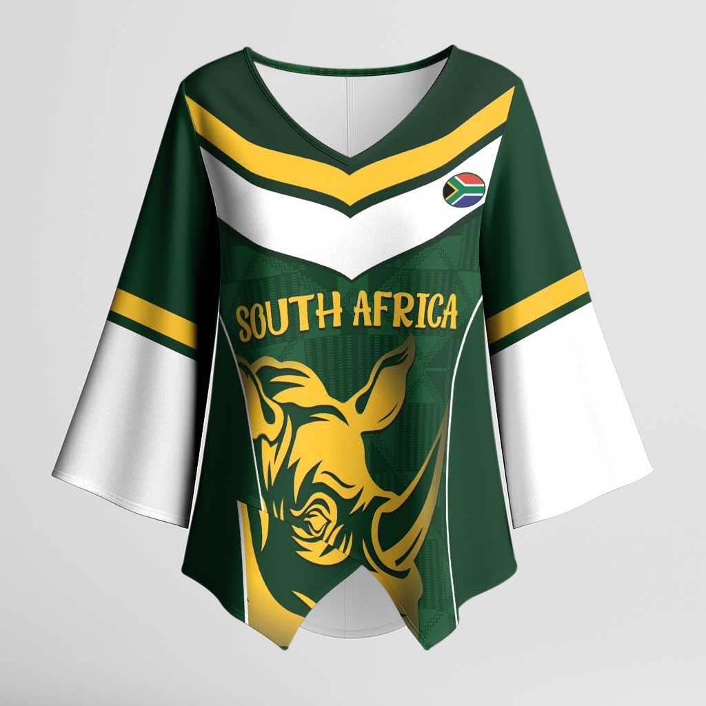 South Africa Rugby Custom Kimono Sleeve Blouse Springboks Kente Rhino Symbol - Wonder Print Shop