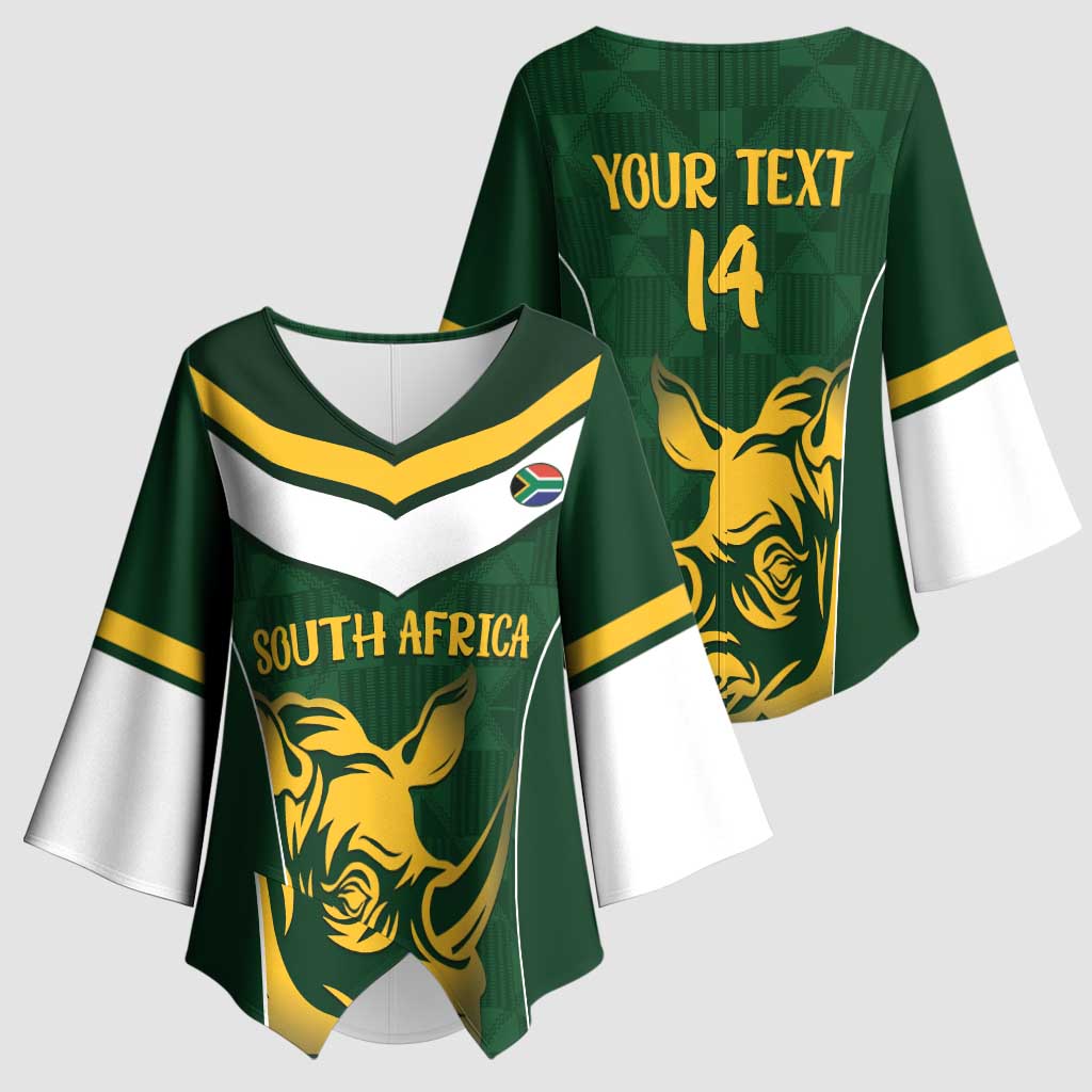 South Africa Rugby Custom Kimono Sleeve Blouse Springboks Kente Rhino Symbol - Wonder Print Shop