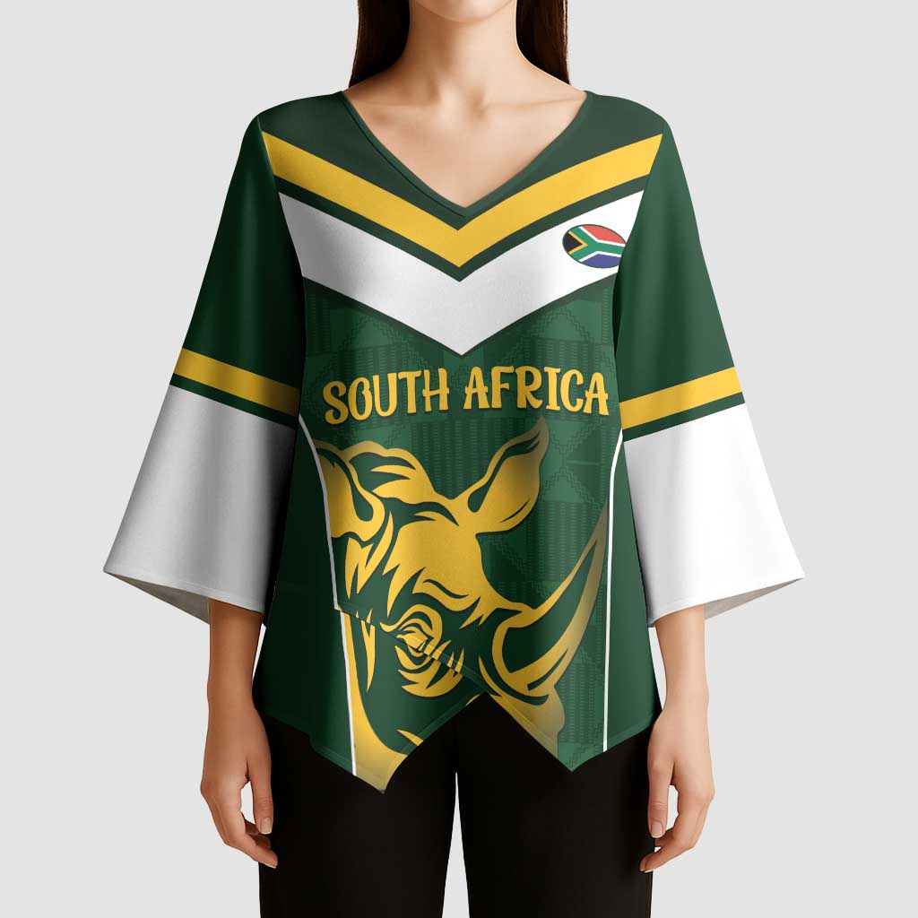 South Africa Rugby Custom Kimono Sleeve Blouse Springboks Kente Rhino Symbol - Wonder Print Shop
