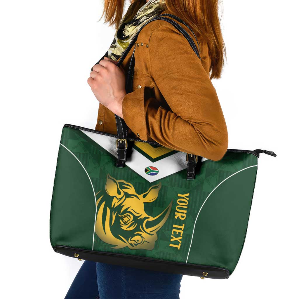 South Africa Rugby Custom Leather Tote Bag Springboks Kente Rhino Symbol - Wonder Print Shop