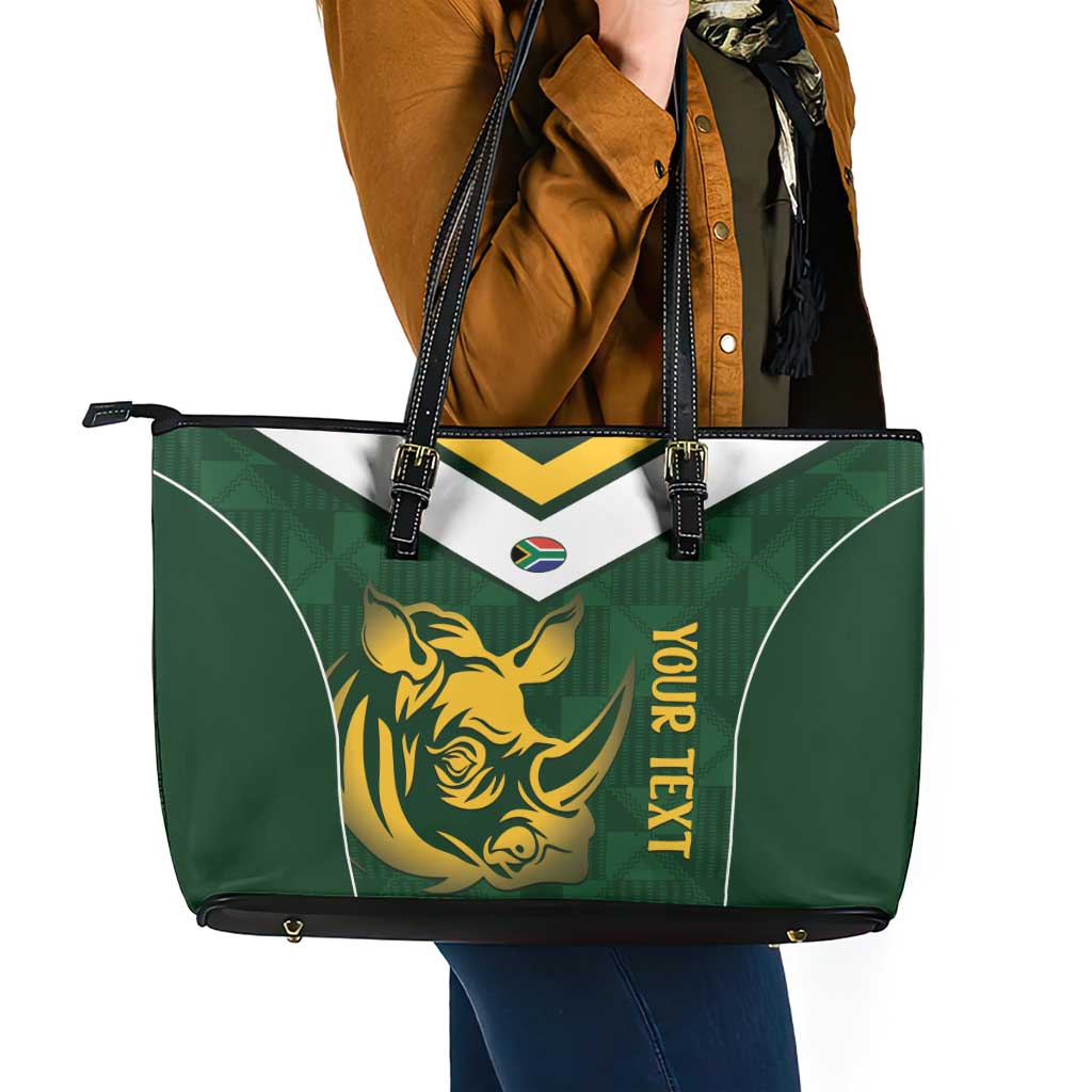South Africa Rugby Custom Leather Tote Bag Springboks Kente Rhino Symbol - Wonder Print Shop