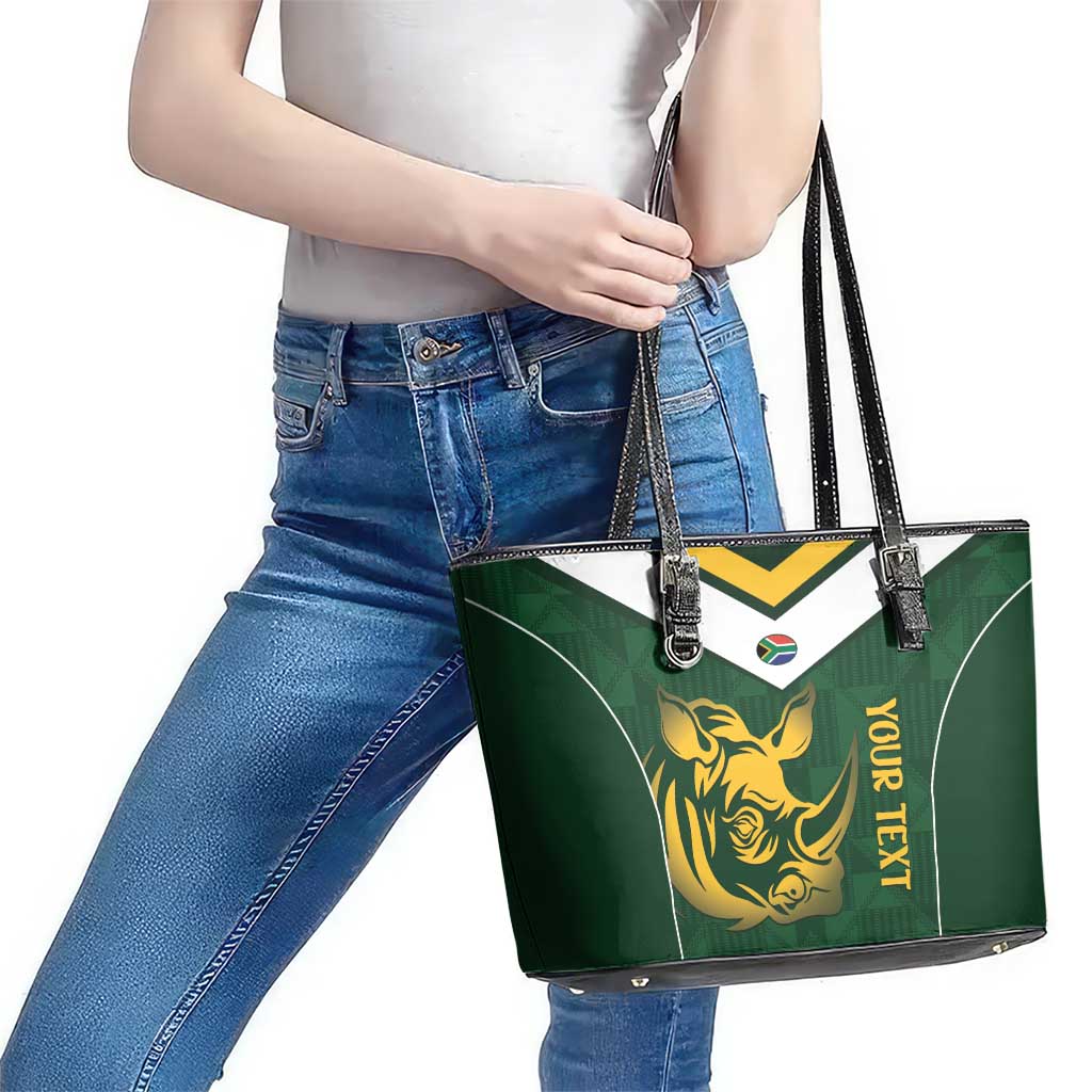South Africa Rugby Custom Leather Tote Bag Springboks Kente Rhino Symbol - Wonder Print Shop