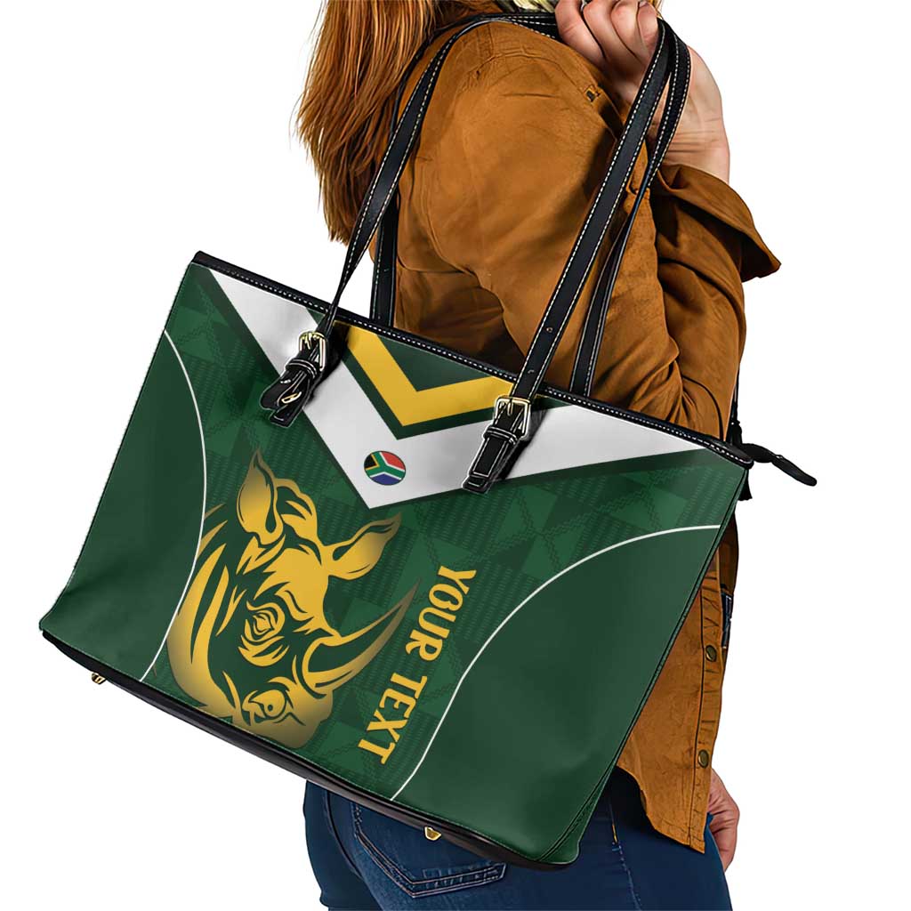 South Africa Rugby Custom Leather Tote Bag Springboks Kente Rhino Symbol - Wonder Print Shop