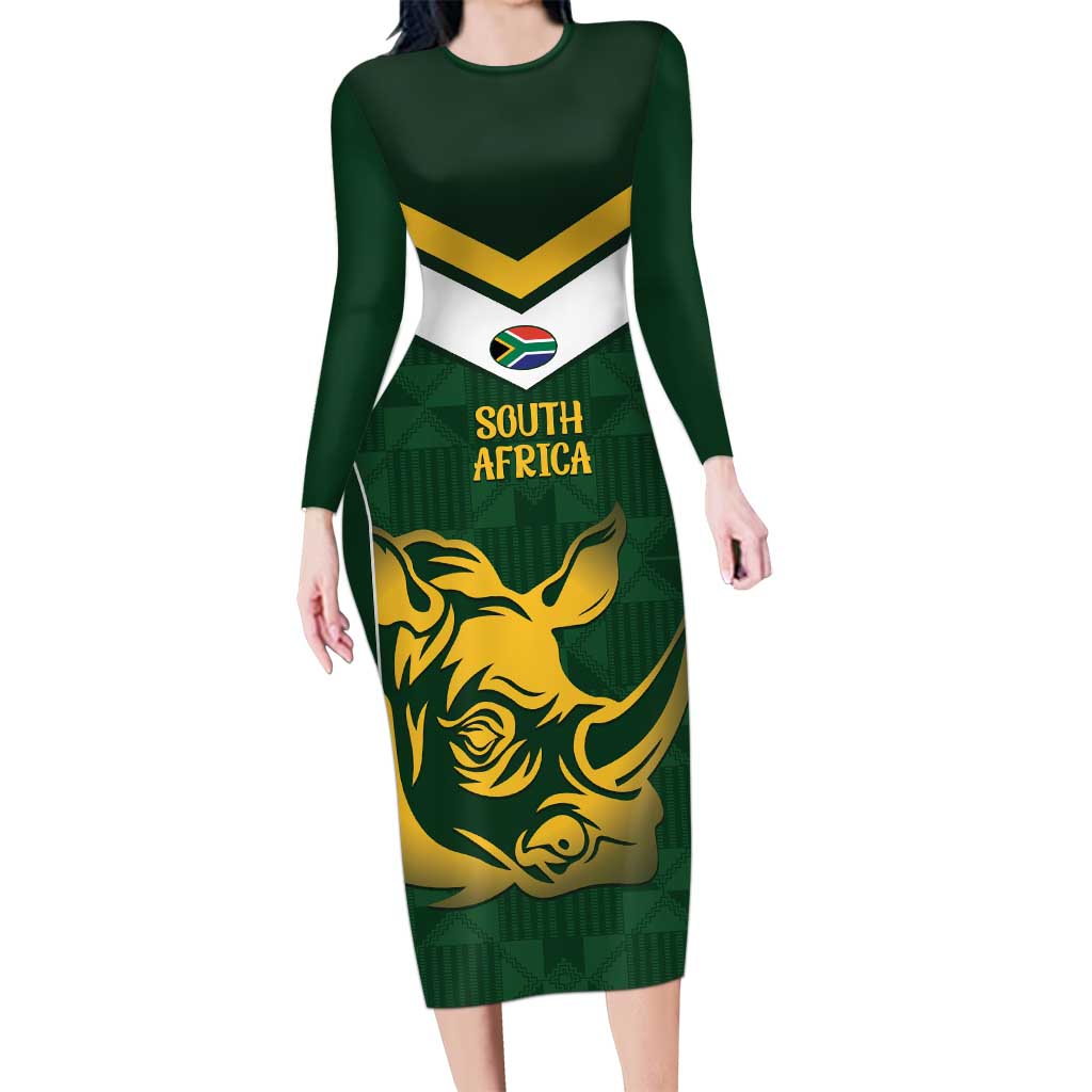 South Africa Rugby Custom Long Sleeve Bodycon Dress Springboks Kente Rhino Symbol - Wonder Print Shop