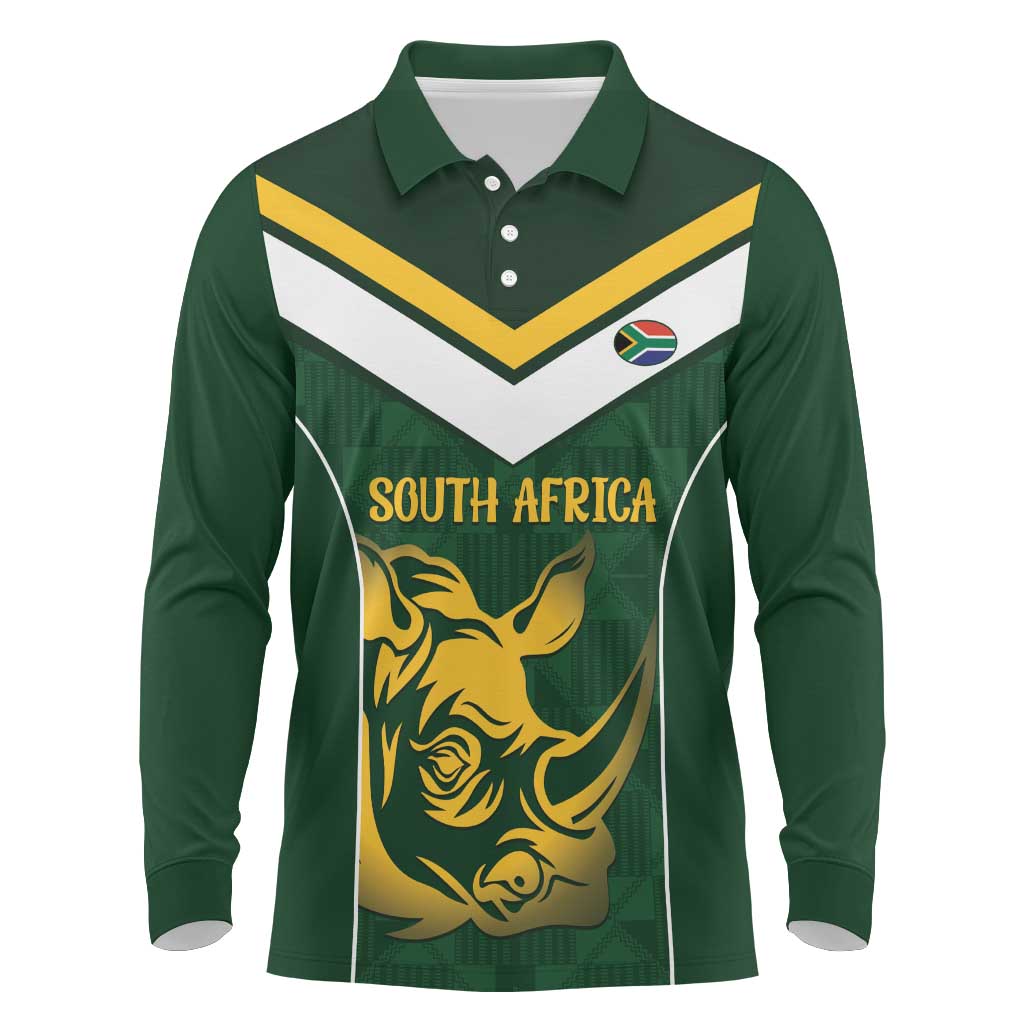 South Africa Rugby Custom Long Sleeve Polo Shirt Springboks Kente Rhino Symbol - Wonder Print Shop