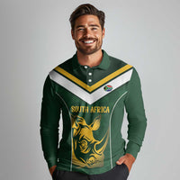 South Africa Rugby Custom Long Sleeve Polo Shirt Springboks Kente Rhino Symbol - Wonder Print Shop