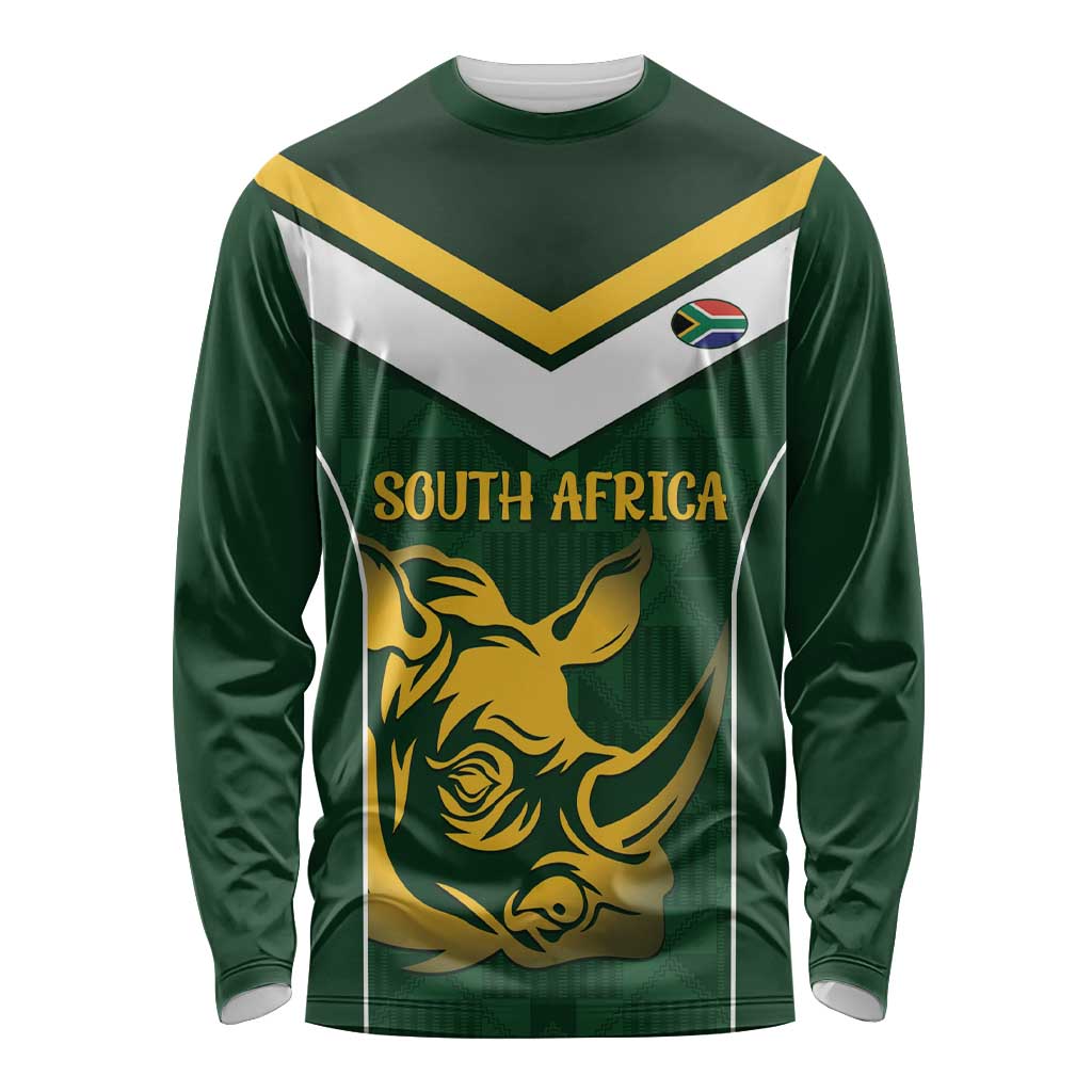 South Africa Rugby Custom Long Sleeve Shirt Springboks Kente Rhino Symbol - Wonder Print Shop