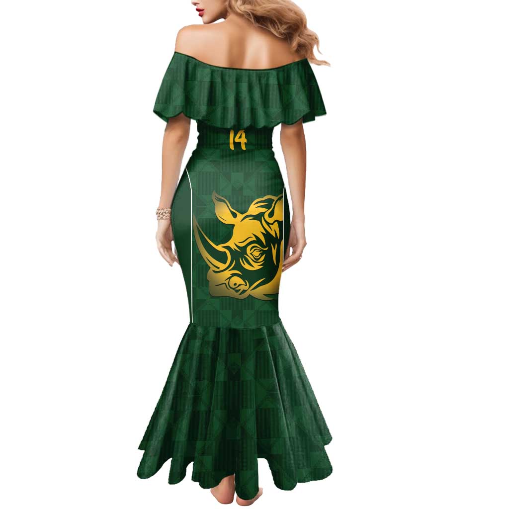 South Africa Rugby Custom Mermaid Dress Springboks Kente Rhino Symbol - Wonder Print Shop