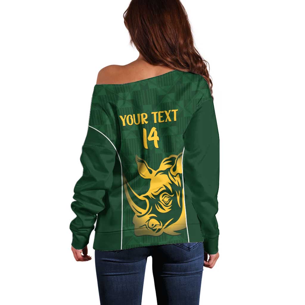 South Africa Rugby Custom Off Shoulder Sweater Springboks Kente Rhino Symbol - Wonder Print Shop