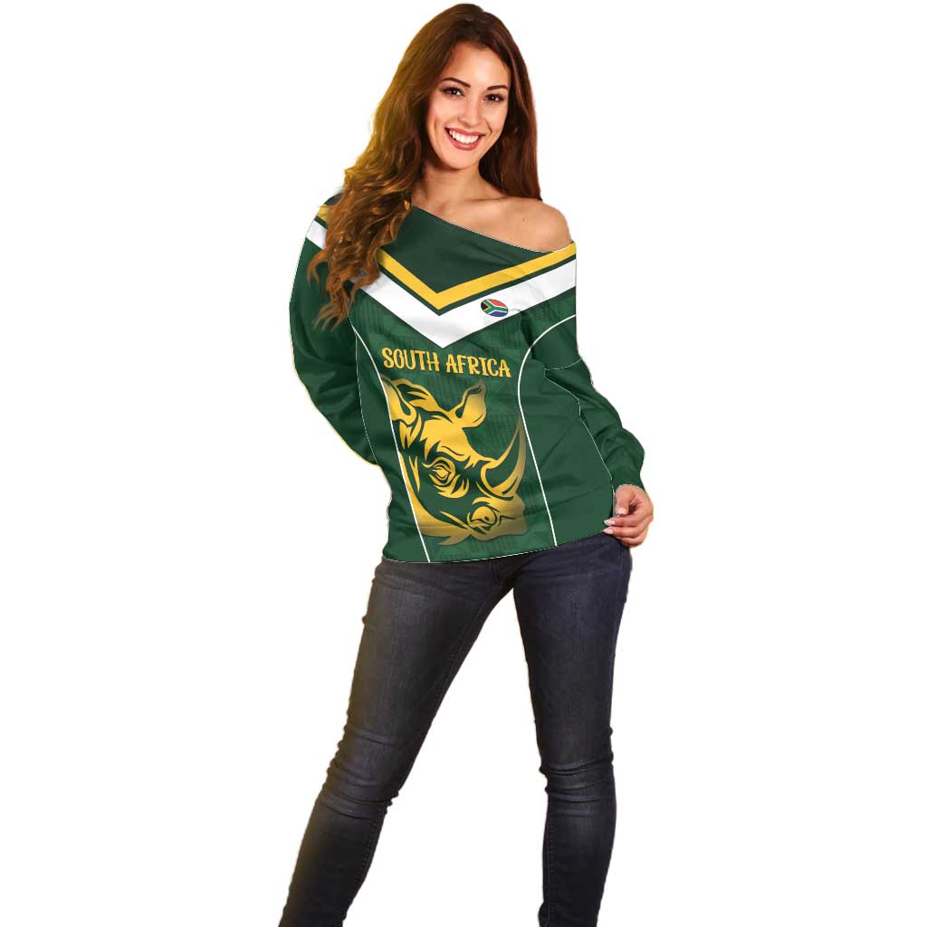 South Africa Rugby Custom Off Shoulder Sweater Springboks Kente Rhino Symbol - Wonder Print Shop