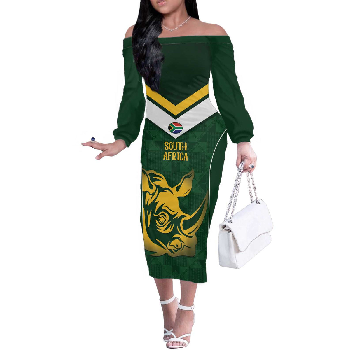 South Africa Rugby Custom Off The Shoulder Long Sleeve Dress Springboks Kente Rhino Symbol - Wonder Print Shop