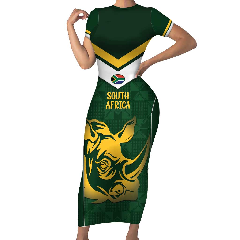 South Africa Rugby Custom Short Sleeve Bodycon Dress Springboks Kente Rhino Symbol - Wonder Print Shop